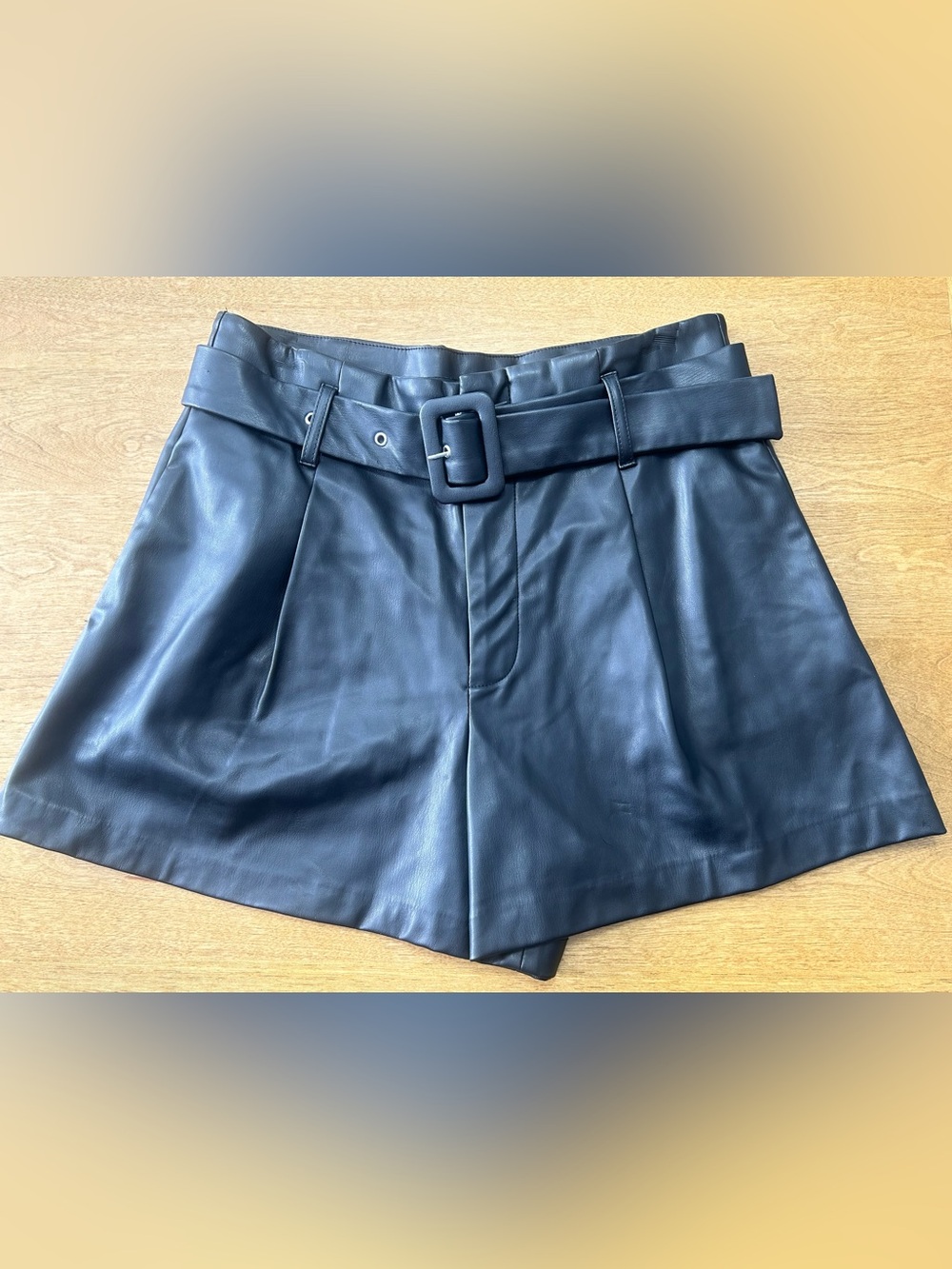 Zara Black High-Waist Faux Leather Belted Shorts
